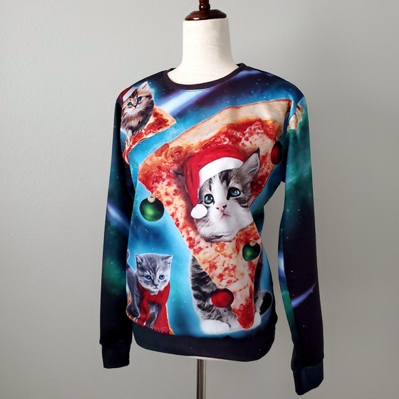 Cats & Pizza Blue Christmas Holiday Sweatshirt, Size Medium/ Large - Picture 12 of 12